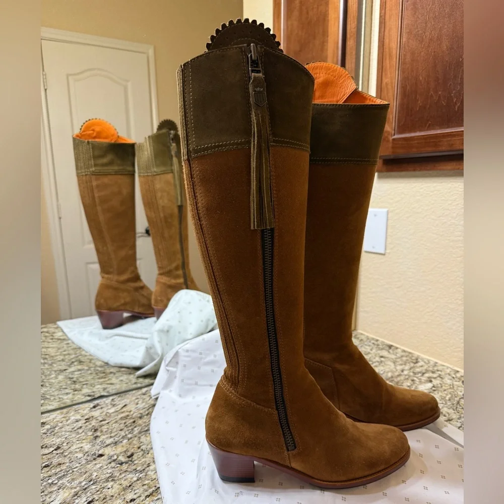 Fairfax and Favor Regina Suede Knee High boots Tan/Olive Sz 11. Discontinued New - Picture 2 of 9